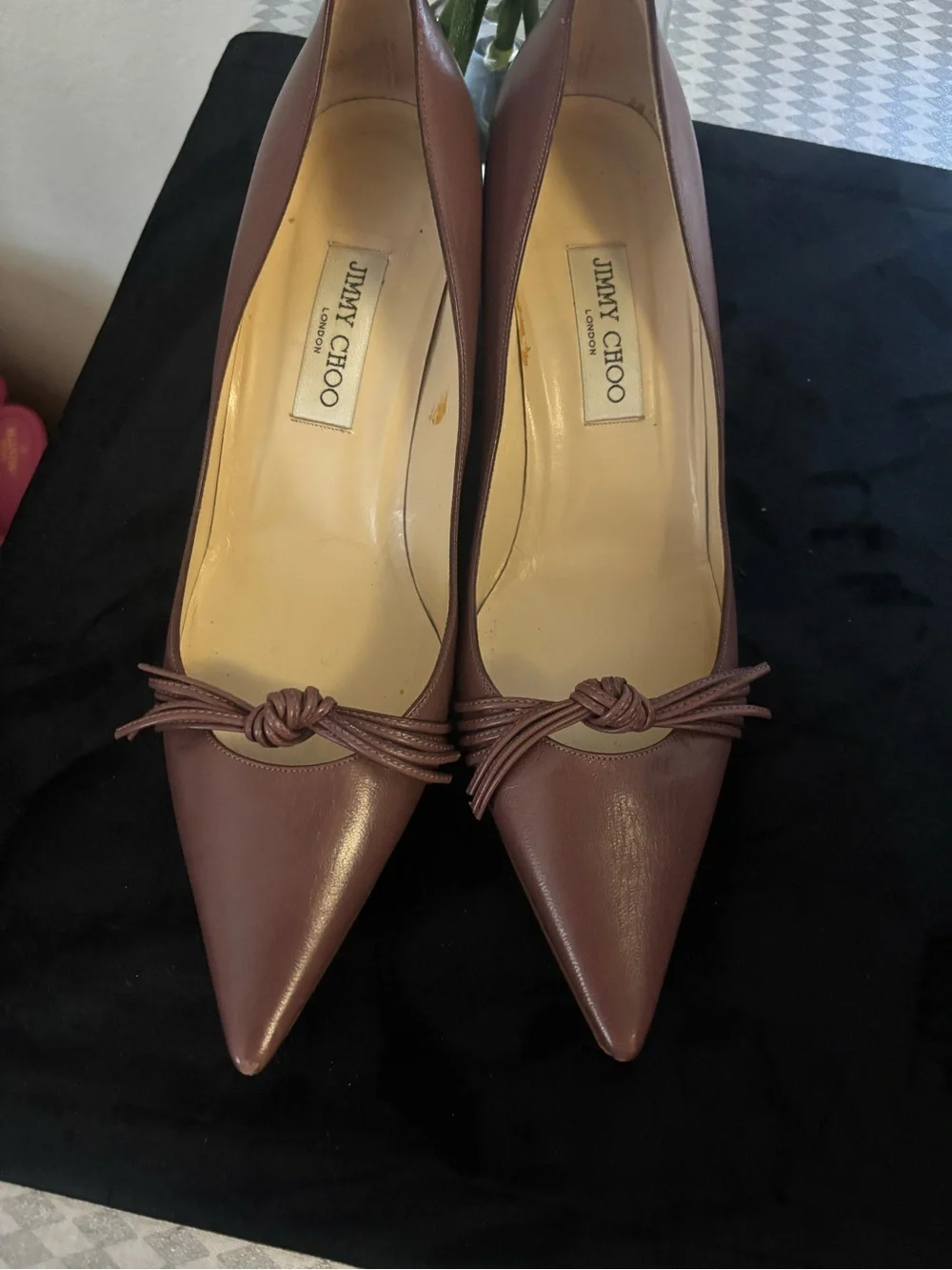 Jimmy Choo Brown Pointed Toe Knot-Trim Leather Pumps
